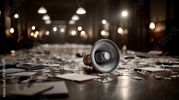 Obraz Discarded documents, a megaphone, and a chaotic atmosphere