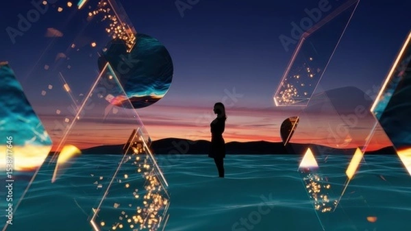 Obraz Silhouetted Woman at Sunset with Floating Geometric Glass Forms