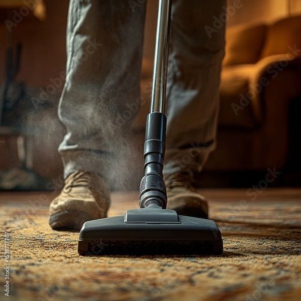 Fototapeta A Close-Up of a Person Vacuuming a Patterned Carpet with Visible Dust Particles, Creating a Clean and Healthy Home Environment