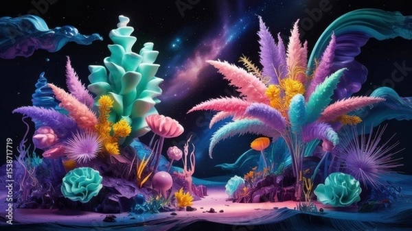 Obraz Neon Space Jungle with Surreal Flora Beneath a Starry Galaxy