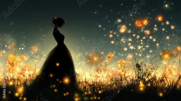 Obraz Silhouetted Woman in Enchanted Meadow of Sparkling Flowers