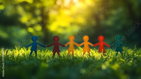 Obraz Diverse children holding hands in a grassy park, bathed in sunlight