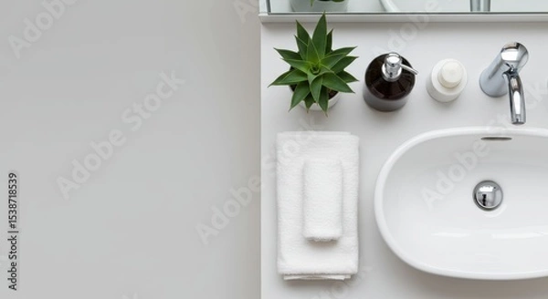 Obraz Top View of Modern Bathroom Sink Area with Soap and Towel