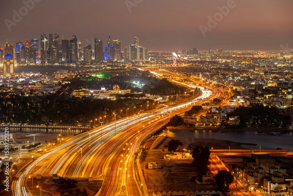 Fototapeta Doha, Qatar - January 10, 2025:  Aerial View of Doha Skyline from Lusail expressway  