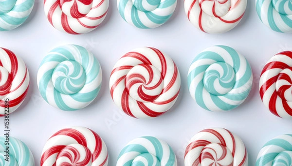Fototapeta a, group, of, pastel, pink, blue, colored, candy, food, sweet, pattern, light, bright, background, macro, photography, white, solid, background, photo, sliced, color, circle, design, swirl, dessert, 