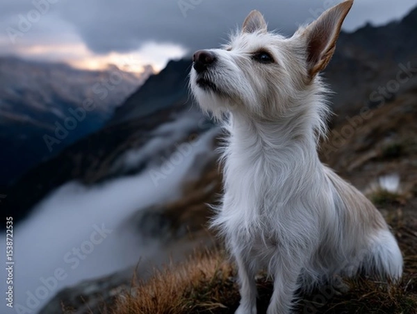 Obraz Dog atop mountain, gazing at sunset