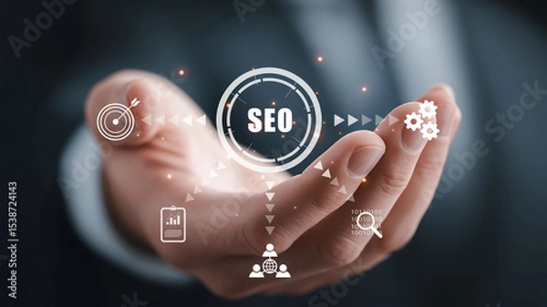 Fototapeta Hand holding SEO icons representing digital marketing and search optimization.