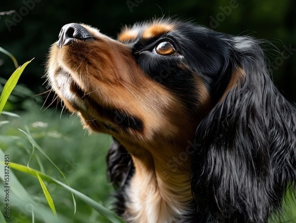 Obraz Dog gazing upwards in lush green