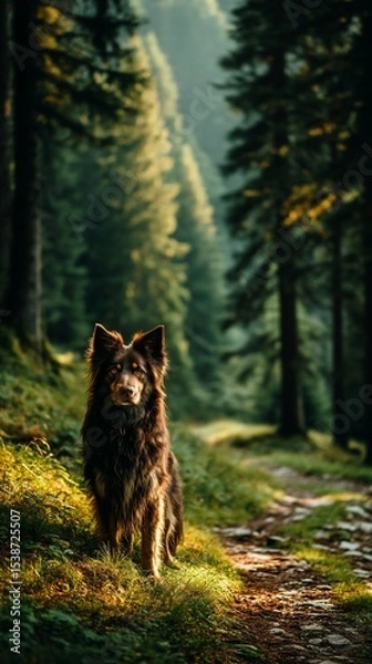 Obraz Dog in a sunlit forest path
