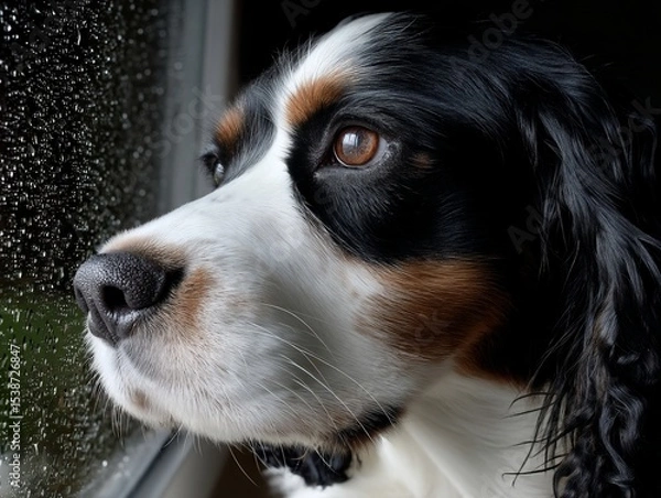 Obraz Dog looking out window on rainy day (1)