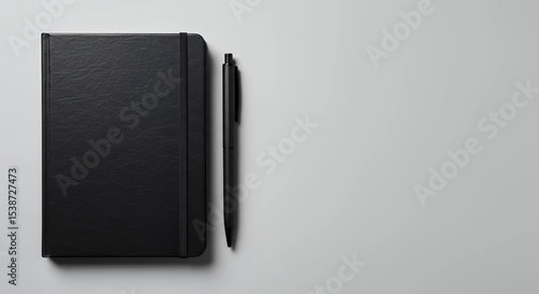 Obraz Elegant Black Notebook and Pen on Light Gray Background: Minimalist Stationery, Perfect for Mockups and Design Overlays, with Ample Copy Space for Text and Graphics