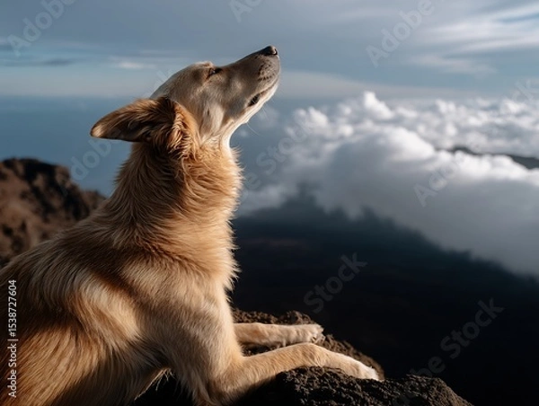 Obraz Dog on a mountain peak, looking up at clouds