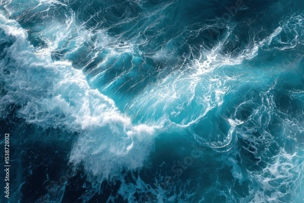 Fototapeta Aerial view of ocean with a cresting wave Swirling water patterns and varying shades of blue