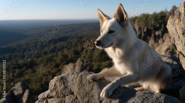 Obraz Dog on mountain peak, serene view