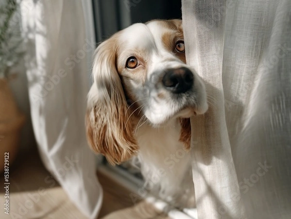 Obraz Dog peeks through sheer curtains