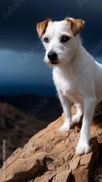 Obraz Dog perched on a rocky peak, dramatic sky
