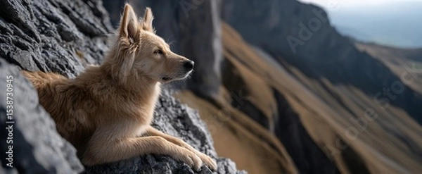 Obraz Dog resting on mountain peak