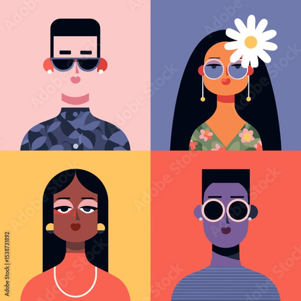Fototapeta Colorful flat portraits of diverse men and women with sunglasses and earrings, vector illustration
