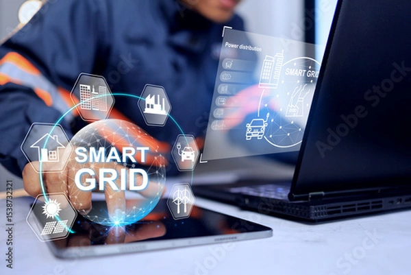 Fototapeta Smartgrid concept with engineer is operating and monitoring power grid on dashbord to manage the power distribution and total comsumption electricity usage of user to plan for electricity power plant