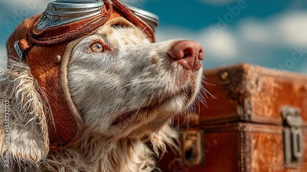 Obraz Dog wearing aviator goggles, gazing skyward, vintage suitcase backdrop