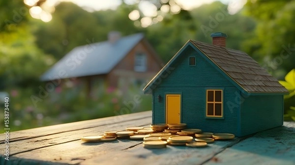 Fototapeta Model House with Coins on Table in a Blurred Background Scene