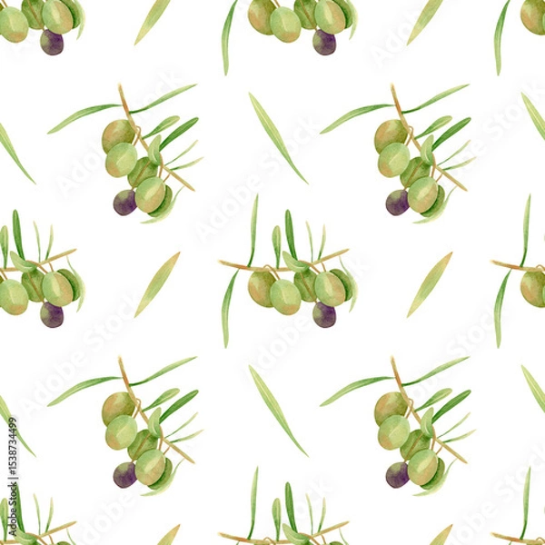 Fototapeta Seamless olives background. Watercolor floral pattern with hand drawn illustration of green and violet olive fruit and leaves on branch for fabric, home textile, bed linen prints