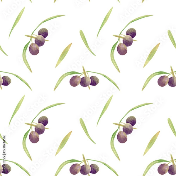 Fototapeta Seamless olives background. Watercolor floral pattern with illustration of green and violet olive fruit and leaves on branch for fabric, home textile, bed linen prints