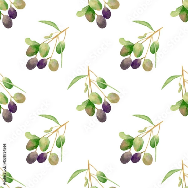 Fototapeta Seamless olives background. Watercolor botanical pattern with hand drawn illustration of green and violet olive fruits, branch with green leaves