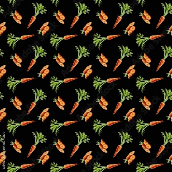 Fototapeta Colorful pattern of carrots with green tops on a dark background showcasing fresh vegetables in a playful arrangement