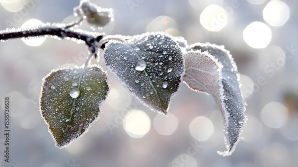 Fototapeta Close Up of Frosted Green Leaves on Apple Tree Branch