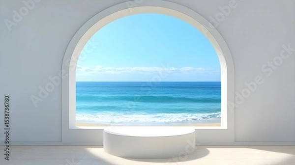 Fototapeta Modern Podium and Arch Window with Seaside View in Bright Room