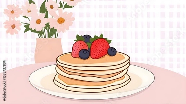 Fototapeta Fluffy Pancakes with Strawberries and Blueberries on a Plate