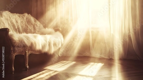 Fototapeta Sunlit Romantic Sofa Covered with Soft Sheepskin in Warm Light