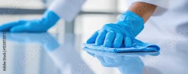 Fototapeta A person wearing blue gloves is cleaning a shiny surface with a blue microfiber cloth, emphasizing hygiene and cleanliness.