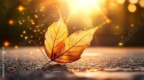 Fototapeta Autumn Leaf Falling on Asphalt with Warm Sunlight and Sparkles