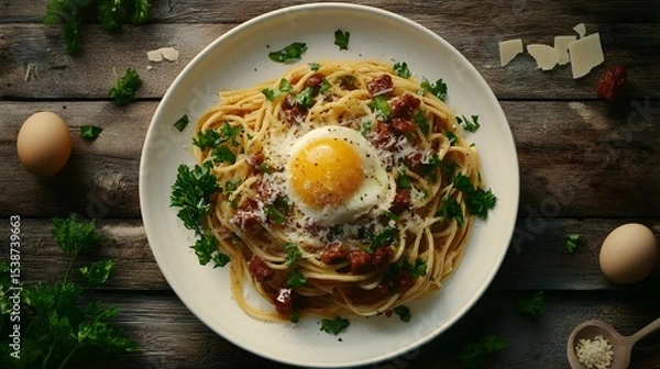 Fototapeta Gourmet Spaghetti Carbonara with Egg and Parsley Garnish