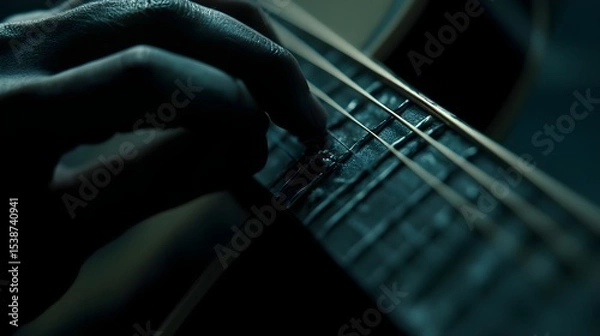 Fototapeta Close-Up of Person Plucking Acoustic Guitar String with Precision