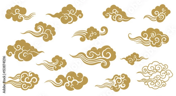 Obraz Golden chinese cloud motifs on white background with swirling patterns vector illustration