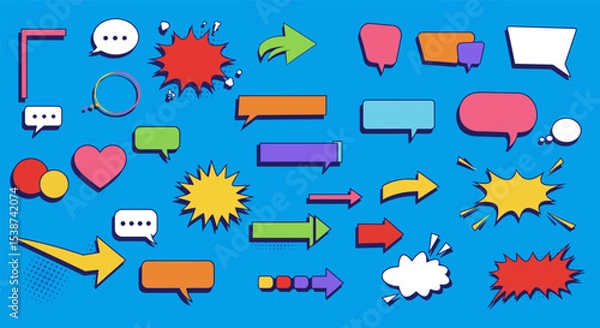 Obraz Colorful comic speech bubbles and arrows on blue background vector illustration