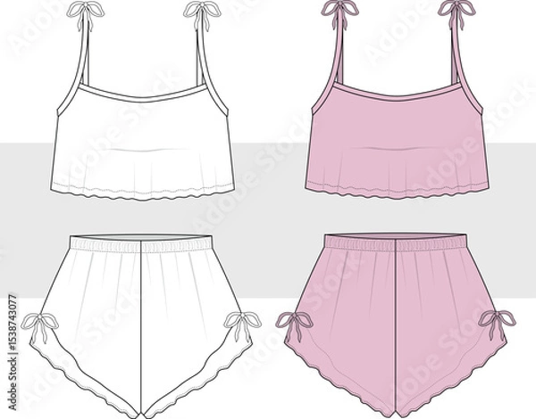 Obraz Women cropped tank top and frill shorts with bow detail. Nightwear set, home wear, technical fashion drawing, illustration. Front view vector. Cad, Mockup set.