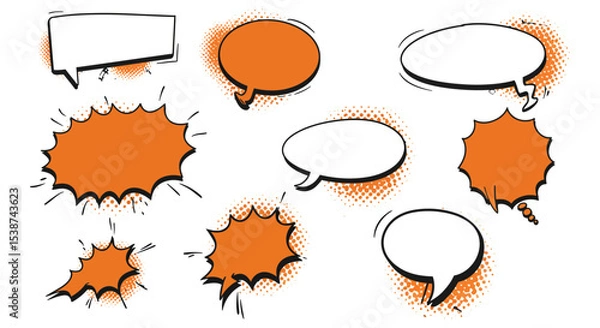 Obraz Variety of comic speech bubbles with halftone effects in orange and white vector illustration