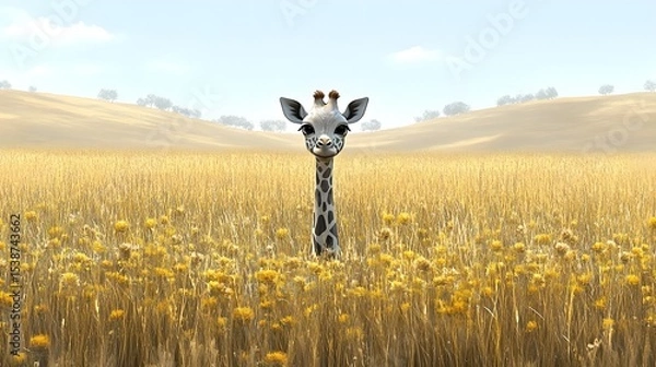 Fototapeta Charming Watercolor Illustration of a Cute Giraffe in a Field