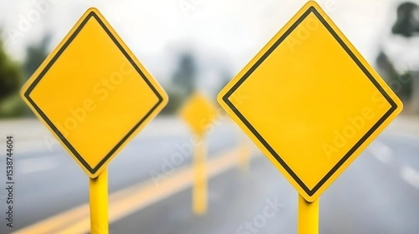 Fototapeta Blank Yellow Road Signs on Poles Along a Highway Pathway