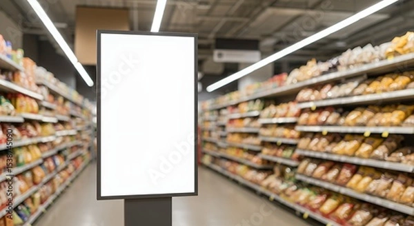 Obraz Blank Advertising Billboard Mockup in Supermarket Aisle for Marketing Campaign Promotion, Ready for Design Insertion, Promote Products and Services Effectively
