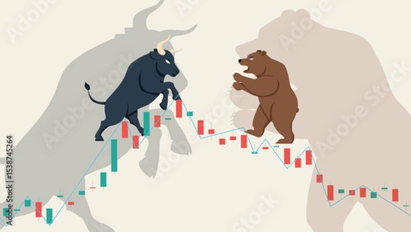 Fototapeta abstract background of flat vector stock market candlestick with bull and bear character
