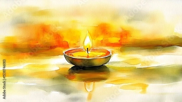 Fototapeta Single Burning Candle Casting Warm Ethereal Glow in Soft Light