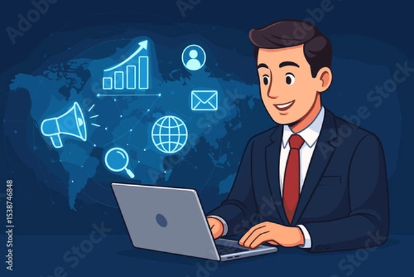 Fototapeta Digital marketing and global business strategy concept. Businessman using a laptop with a hologram interface showing icons for SEO, data analytics, email, and online advertising.