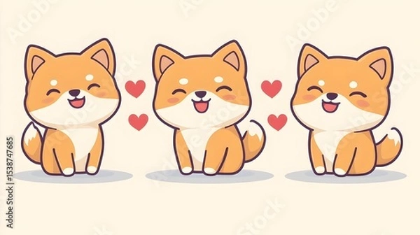 Fototapeta Cute Shiba Inu Dog Character in Various Poses with Smiles