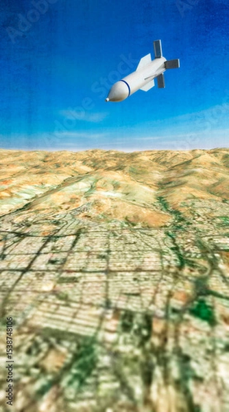 Obraz The GBU-57 MOP (Massive Ordnance Penetrator) is a precision-guided, bunker buster bomb, above the skies of Tehran, Iran. The missions are reaching and destroying deep underground bunkers. 3d rendering