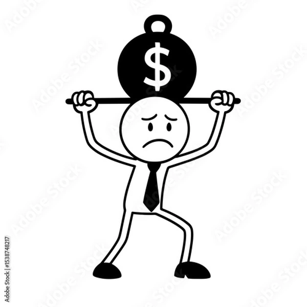Obraz Sad man lifting dollar weight symbolizing financial burden